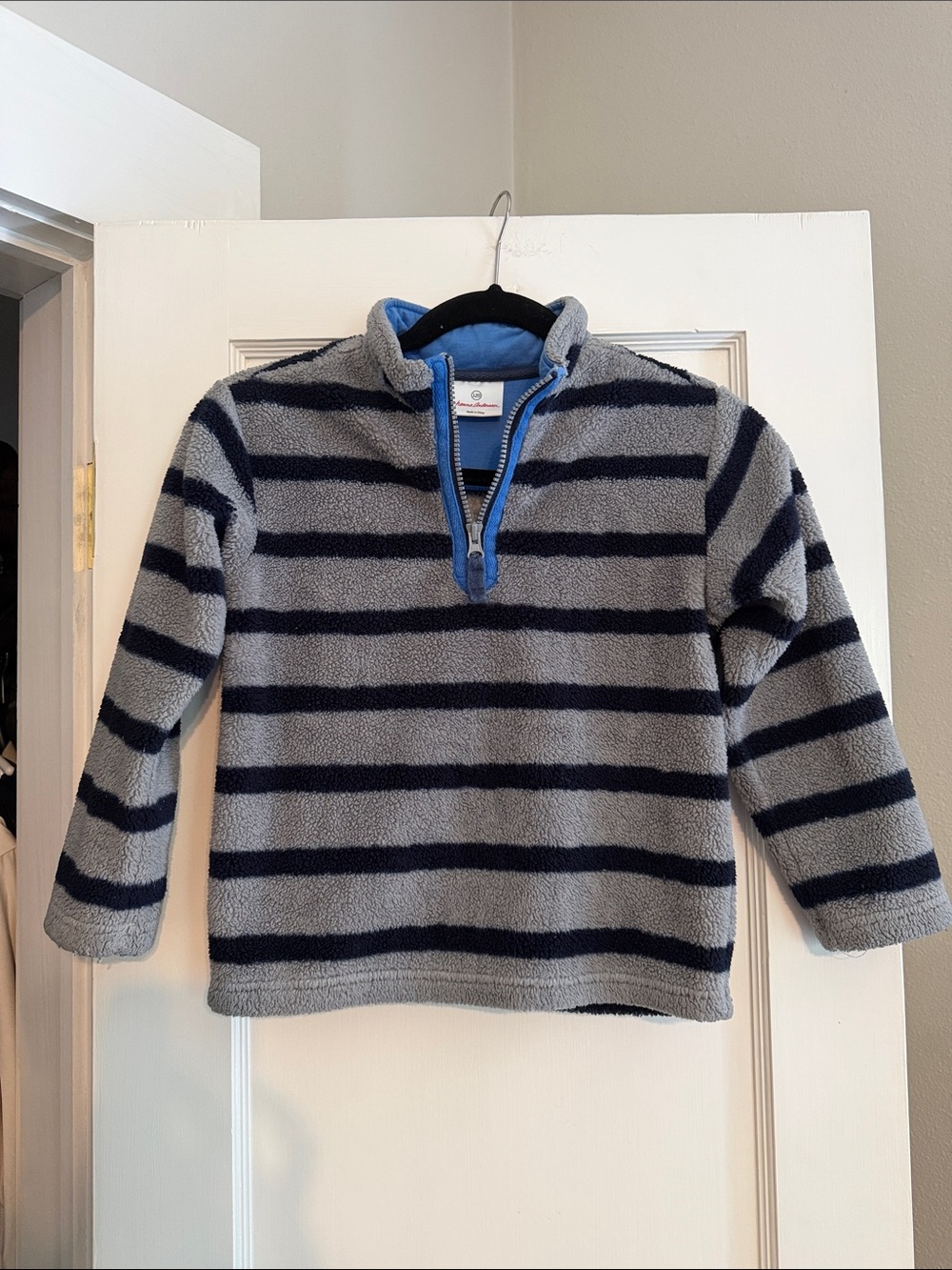 Hanna Andersson Gray Fleece Half-Zip Pullover with Navy Stripes
